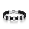 Personalisiertes doppelreihiges schwarzes Lederarmband mit gravierten Silberperlen - 5 Perlen - Stahlfarbe