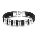 Personalisiertes schwarzes Lederarmband mit sechs Namensringen aus Edelstahl für Herren - Sechs-perlen-stahlarmband