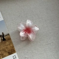 Makrodetail einer perlmuttfarbenen Haarklammer in Plumeria-Form mit rosa Farbverlauf Effekt - Kleine Rosa Blume (4cm)