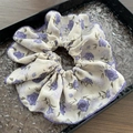 Detail of purple rose floral print on chiffon scrunchie with fine stitched edges - Purple Beige Floral Large