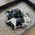 Detail of floral scrunchie with blue flower pattern and delicate white lace trim - Blue Black Floral Lace Small