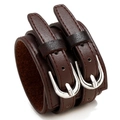 Retro punk style dark brown double-buckle wide leather cuff bracelet with silver metal hardware - Brown