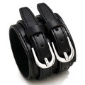 Punk style wide black faux leather bracelet with double row silver metal buckles - Black