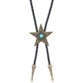 Vintage Western Bolo Tie mit Türkis Stern Anhänger und schwarzer Lederkordel - Schwarzes Leder Und Antikbronze