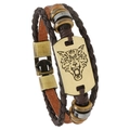 Men's multilayer leather bracelet featuring a bronze wolf head charm and secure metal clasp - Brown