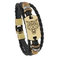 Mens vintage multilayer black leather bracelet featuring bronze wolf head charms and beads - Black