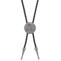 Detail of vintage silver floral engraved slide and braided leather cord on Bolo Tie - Arabesque Round Buckle / Black Leather And Antique Silver