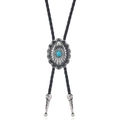 Vintage silver western bolo tie with turquoise stone and black braided leather cord - Round Sunburst Style (HM-C0177) / Style C