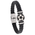 Men's leather braided soccer bracelet with stainless steel clasp and luminous charm - Black
