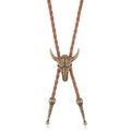 Vintage western bolo tie met bronzen stierenkop en gevlochten leren koord - Bruin Leer + Antiek Brons