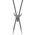 Retro bolo tie met stierenschedel, vintage zilveren finish en zwart vlechtkoord - Zwart Leer En Antiek Zilver