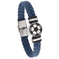 Bracelet homme en cuir tressé bleu avec motif football et fermoir acier inoxydable - Bleu marine