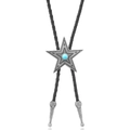 Vintage-Stern-Bolo-Tie mit Türkis-Inlay und schwarzer geflochtener Lederkordel - Schwarzes Leder Und Antik-Silber