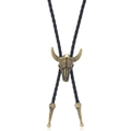 Vintage bolo-das met bronzen stierenschedel en een zwarte gevlochten koord - Zwart Leer En Antiek Brons