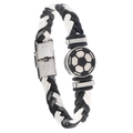 Bracelet de football tressé en cuir noir et blanc avec fermoir en acier inoxydable brillant - Noir & Blanc