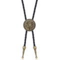 Western vintage bolo tie with bronze floral carving on black braided leather strap - Arabesque Round Buckle / Black Leather And Antique Bronze