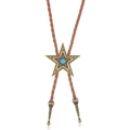 Vintage Western Bolo Tie mit Goldstern, Türkisanhänger und braunem Lederband geflochten - Hellbraunes Leder + Antike Bronze
