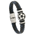 Bracelet de football en cuir tressé bleu foncé avec fermoir argenté pour homme - Noir et Bleu