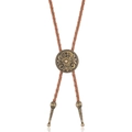 Vintage bronze flower bolo tie with brown braided leather cord and metallic tips - Arabesque Round Buckle / Tan Leather + Antique Bronze