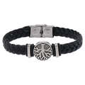 Men's black braided leather bracelet featuring a stainless steel tree of life charm - Black