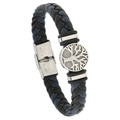 Men's black and navy blue braided leather bracelet with silver Tree of Life charm - Black and Blue