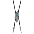 Vintage silver feather bolo tie with turquoise stone and black braided leather strap - Vintage Silver-Tone Finely Carved Feather Style (Style D)