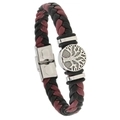 Men's leather tree of life bracelet with black and burgundy braids and steel clasp - Black Red