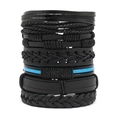 Men's multilayer braided leather bracelet set in black with blue accent, studio shot - Black