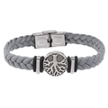 Braided grey leather bracelet with stainless steel tree of life charm and magnetic clasp - Gray