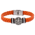 Men's orange braided leather bracelet with stainless steel tree of life buckle - Orange