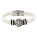 White woven leather bracelet with stainless steel tree of life charm and folding clasp - White