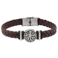 Men's brown braided leather bracelet with stainless steel tree of life buckle charm - Coffee