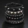 Detailed close-up of multilayer punk bracelet set featuring leather and metal spikes - Spikes And Metal Beads Multi Layer Combination Style (08)