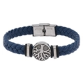 Men's braided blue leather bracelet with silver tree of life charm and steel clasp - Navy Blue