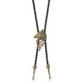 Corbata bolo vintage con colgante de cabeza de lobo en bronce y cordón de cuero trenzado - Bronce antiguo
