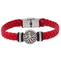 Men's red braided leather bracelet with silver stainless steel tree of life charm - Burgundy
