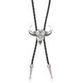 Vintage Bolo Tie mit graviertem Silberstier-Totenkopfanhänger an schwarzer geflochtener Schnur - Antiksilber