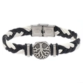 Men's braided leather bracelet with stainless steel tree of life charm in black and white - Black & White