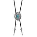 Corbata bolo estilo western con turquesa y metal plateado en cordón de cuero trenzado negro - Plata Antigua