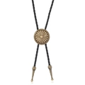 Vintage western bolo tie with bronze sunburst slider and black braided leather cord - Antique Bronze