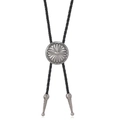 Vintage western bolo tie with sunflower alloy slide pendant and black braided cord - Antique Silver