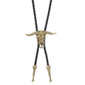 Corbata bolo western vintage con calavera de toro en bronce y cordón negro trenzado - Bronce Antiguo