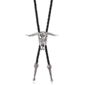 Corbata bolo vintage con calavera de toro plateada, cuero trenzado negro y puntas de metal - Plata Antigua