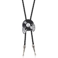 Bolo tie voor heren met DJ-platenontwerp, skelethandmotief en zwart gevlochten lederen koord - Antiek Zilver