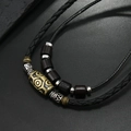 Retro punk double-layer necklace with bronze geometric barrel bead and wooden beads - Necklace