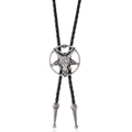 Retro silver Baphomet goat head bolo tie with black braided leather and metal tips - Antique Silver