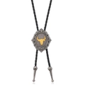 Cravate bolo western vintage avec emblème tête de taureau doré sur cordon noir tressé - Style Tête de Taureau