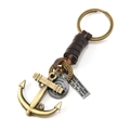 Vintage bronze anchor keychain with dark brown woven leather strap and metal tags - Dark Brown
