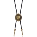 Vintage western bolo tie featuring bronze cowboy hat slide and black braided cord - Black Rope + Antique Bronze