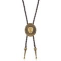 Western vintage bolo tie featuring a bronze cowboy hat slider with woven brown cord - Brown Leather + Bronze